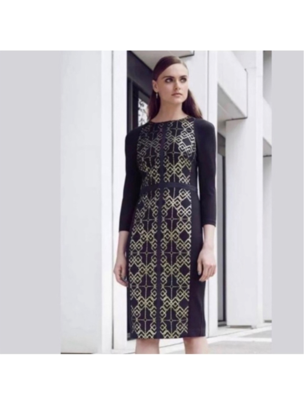 Ted Baker Womens Size 1 Black Gold Geometric Print Midi Sheath Dress 3/4 Sleeve